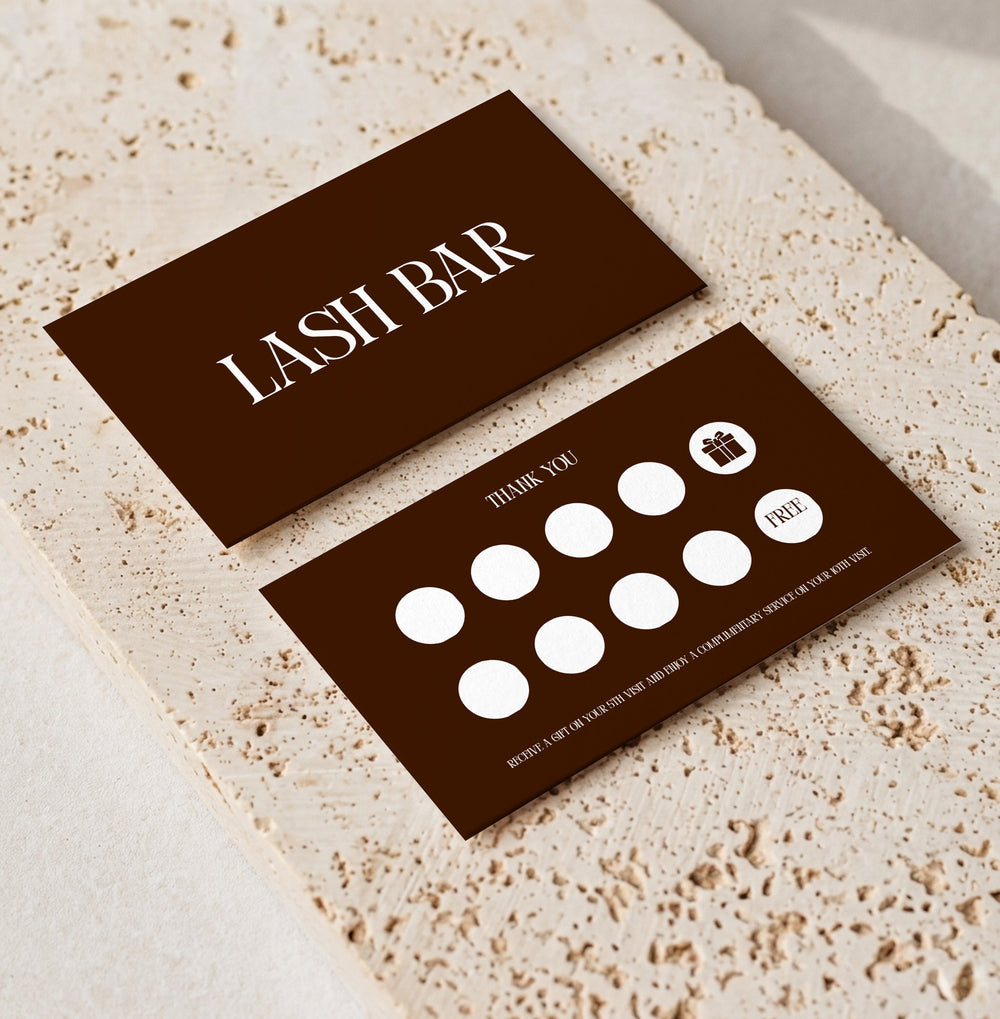 Editable loyalty card template for beauty professionals, Chocolate Lash Bar · Classic design, front and back shown on travertine
