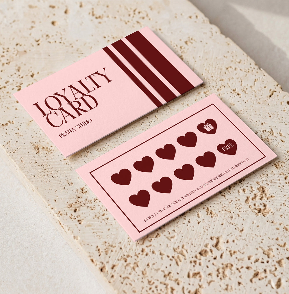 Editable loyalty card template for beauty professionals, Pink Stripes · Hearts design, front and back shown on travertine
